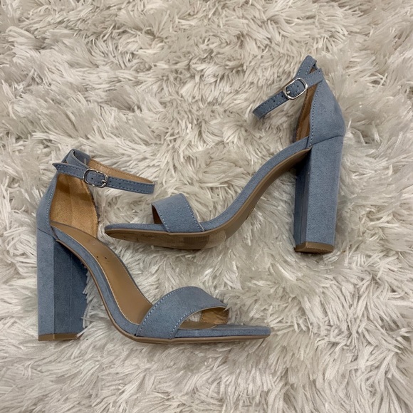 Shoes - Suede Block Heels light blue grey color